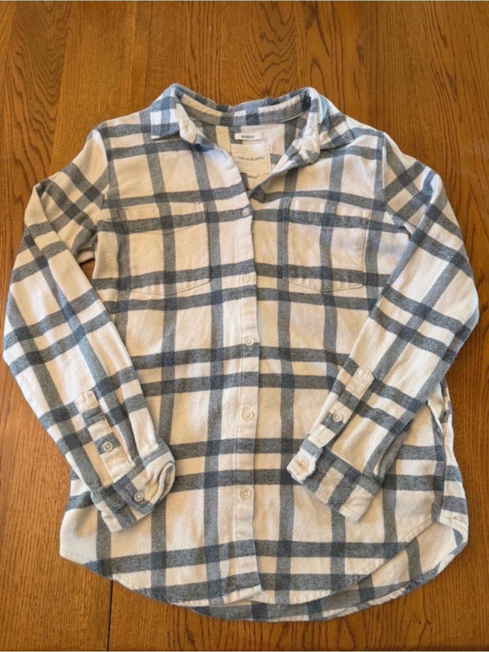 Thread & Supply Cream and Gray Plaid Button-Down Shirt